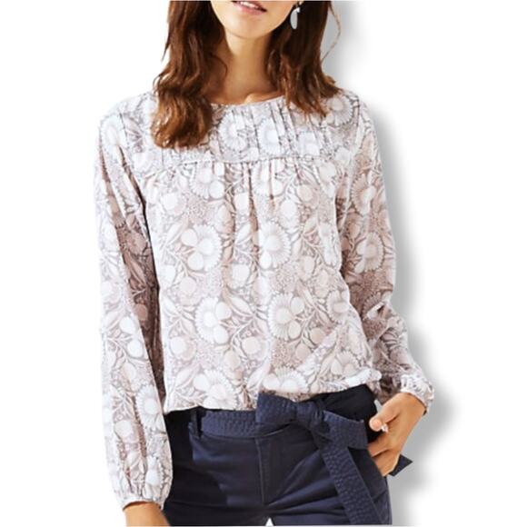 LOFT Tops - Women Floral Pintuck Blouse Top M Neutral Gray Watercolor Career Casual Feminine